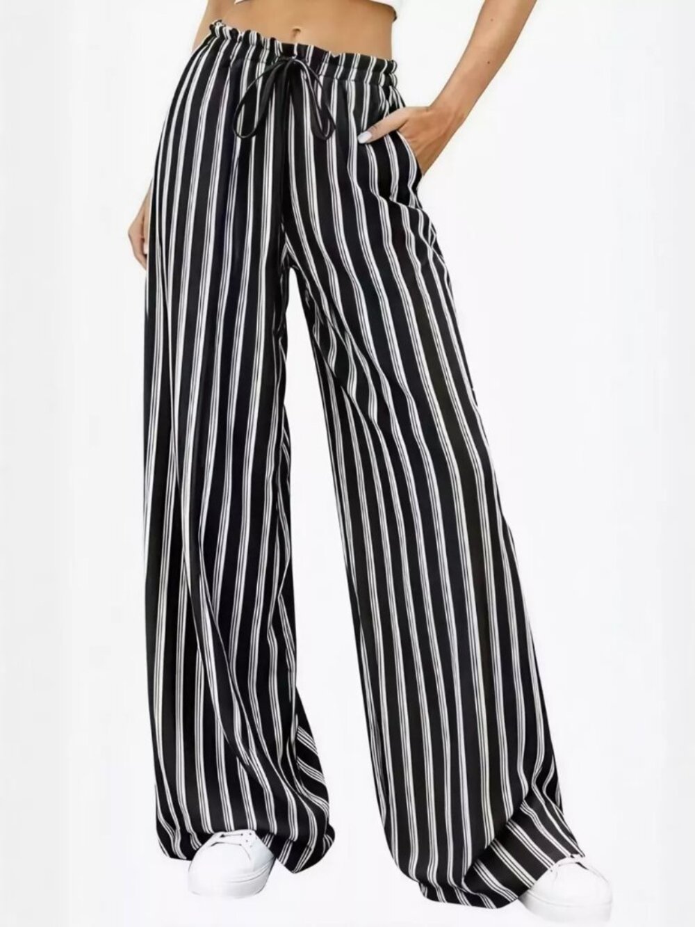Striped Wide-Leg Drawstring Pants - Picture 6 of 9